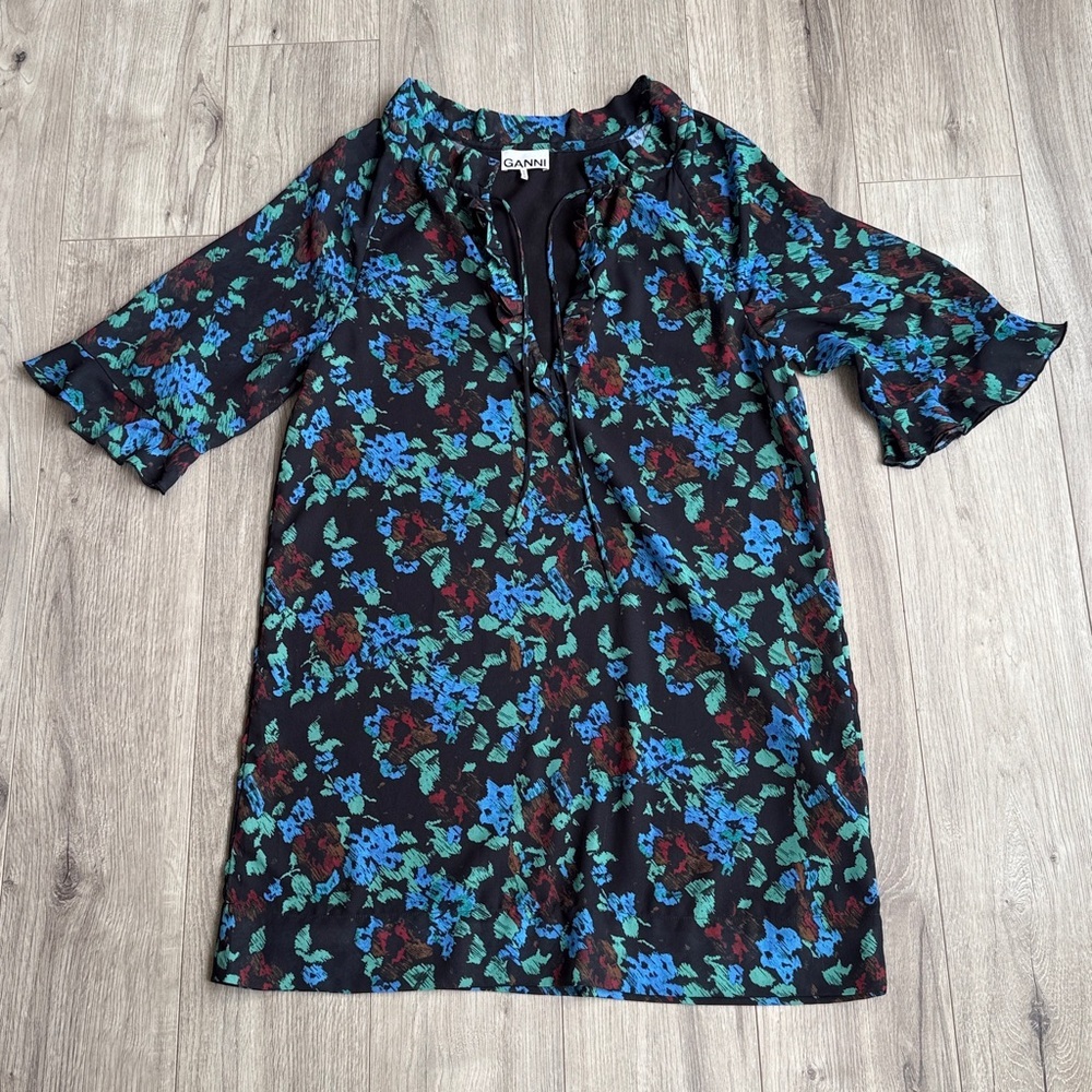 GANNI Flouncy Mini Dress, Meadow Azure Blue - Picture 2 of 10